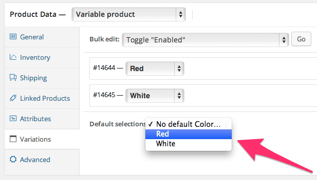 Select the WooCommerce variable product attribute default