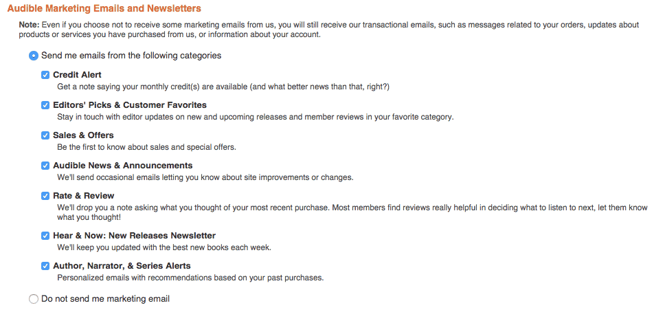 Audible Email Marketing Settings